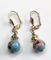 Vintage Gold Tone Blue Cloisonne Beaded Pendant Y-Drop Necklace & Earrings Set
