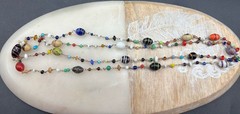 Vtg Venetian Wired Art Glass Bead Necklace Blown Swirl Stripe Barrel 46” Long