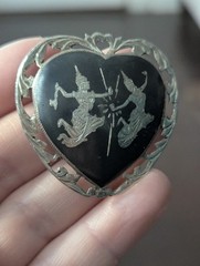 Vintage Siam Sterling Heart Black Niello Brooch Pin Lightning Goddess Love Art