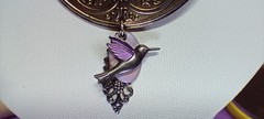 Hummingbird Necklace Purple Silvertone Repousse Pendant Ornate Design Filigree