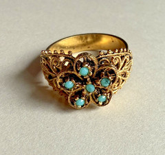 Vintage Blue Glass Turquoise Color Filigree Flower Adjustable Gold Tone Ring
