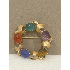 Vintage Binder Brothers BB 12K Gold Filled Wreath Brooch Carved Scarab Gemstones