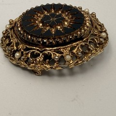 Vintage Victorian Revival Brooch Lot of 2 Gold Black Enamel Tassel Filigree