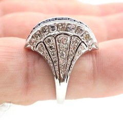 Vintage Edwardian Platinum Egyptian Revival Blue Sapphire Diamond Filigree Ring