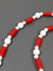 Vintage Red White Glass Stacked Disc Bead Necklace Nautical MCM Mod 32 in