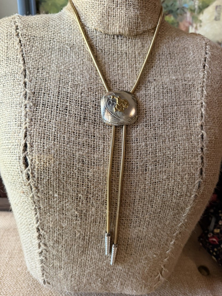 Vintage Silver Bolo Slide Necklace Gold Snake Chain Lariat Rodeo Western Rider