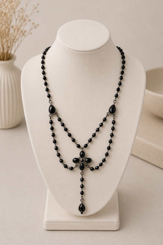 Vintage Style Black Beaded Necklace Gothic Victorian Drop Acrylic Statement