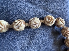 Vintage Hand Carved Rose Bead Necklace Cream Color Bovine Bone Screw Closure