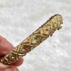 Vintage Hinged Bracelet Textured Gold Tone Etruscan Revival Safety Chain