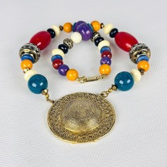 Carol Dauplaise Vintage Designer Multicolor Bead Gold Medallion Necklace Boho