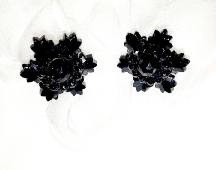 Czechoslovakia Black Snowflake Vintage Earrings