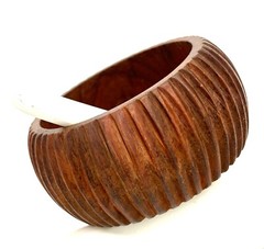 Wooden Bangle Bracelet Carved Ribbed Boho Vtg 1970s MCM Approx 1.5 Inches Wide