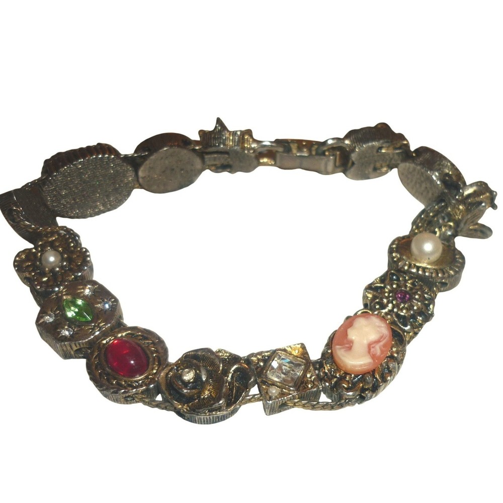 Vintage Slide Charm Bracelet Cameo Faux Turquoise Pearl Victorian Style