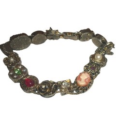 Vintage Slide Charm Bracelet Cameo Faux Turquoise Pearl Victorian Style