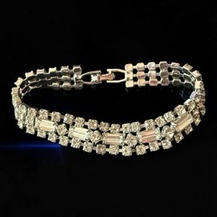 Rhinestone Bracelet Clear Crystal Tennis Baguette Rhodium Plated 1950s 6.5 Inch