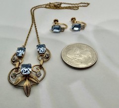 Vintage MCM Van Dell Gold Filled Blue Rectangle Crystal Necklace & Earrings Set