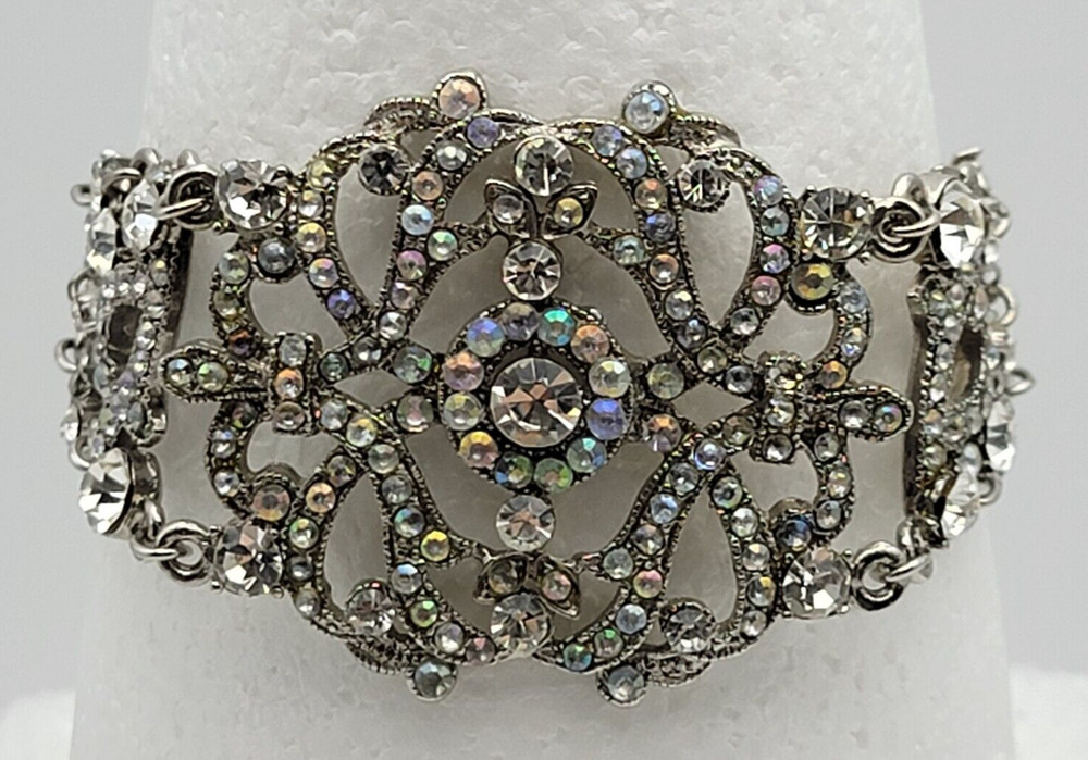 VCLM Aurora Borealis Crystal Chain Bracelet Silver-Tone Floral 8″ Lobster Clasp