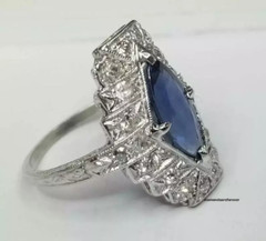 Mid-Century Marquise Shape Blue 2.00CT Sapphire & Old Cut 1.16CT CZ Vintage Ring