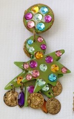 Vintage Green Resin Metal Christmas Tree Colorful Clip-On Dangle Earrings 4″