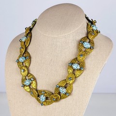 Vintage Czech Brass Blue Confetti Soapstone Cabochon Art Deco Revival Necklace