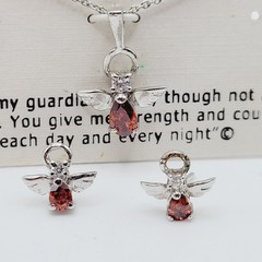 Red Rhinestone Guardian Angel Necklace Earring Set with Card Vintage 1990s