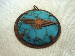 Vintage Copper by Bell Faux Turquoise Pendant With Thunderbird 1 3/4 In. KJ