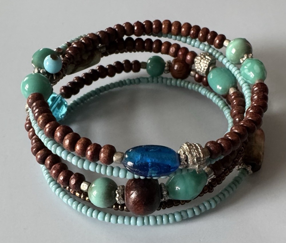 Vintage Brown & Blue Glass Seed & Wooden Bead Wrap Bracelet Fits All