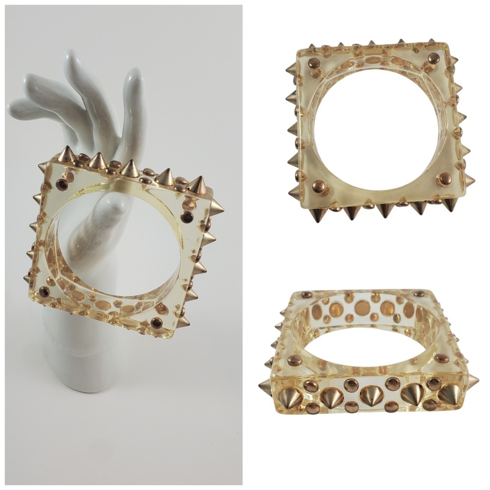 Vintage Clear Lucite Square Bangle Bracelet Studded Metal Studs Chunky