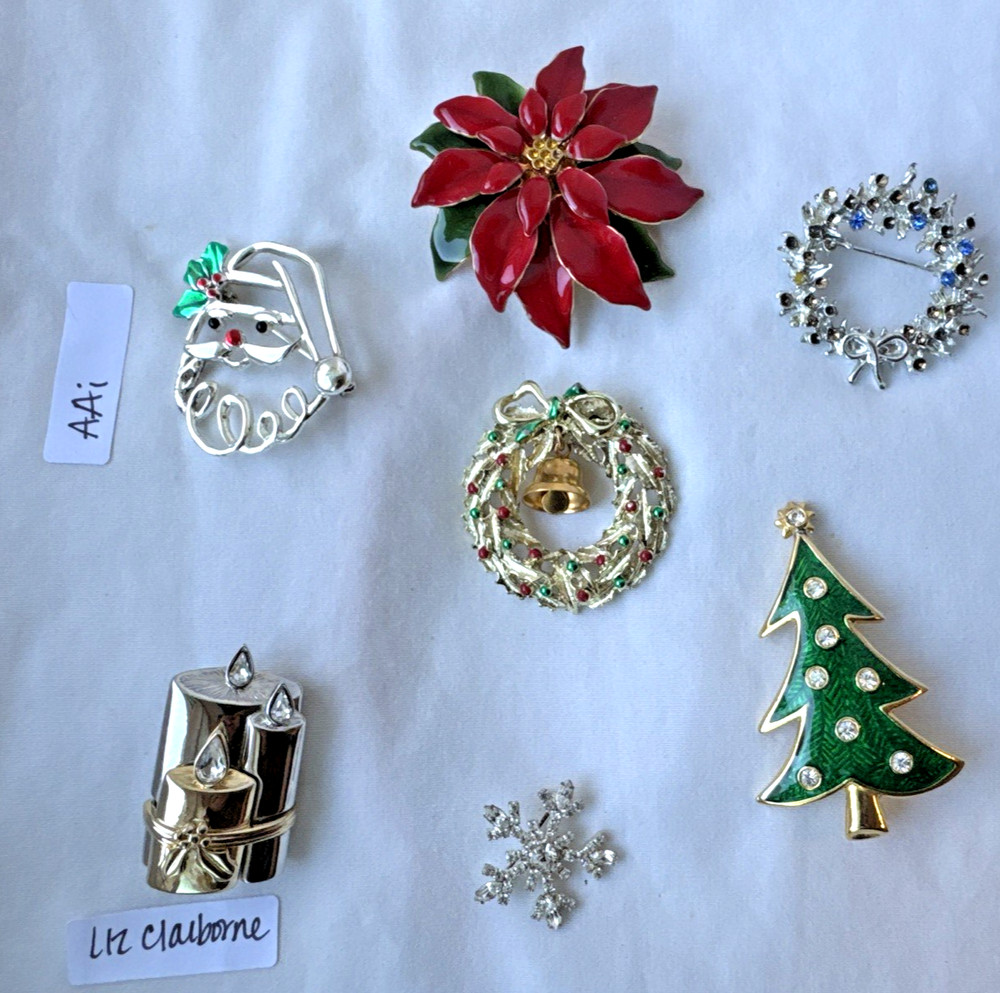Vtg-now 7PCS Brooch pin LOT Christmas Tree Santa wreath enamel some signed AAi