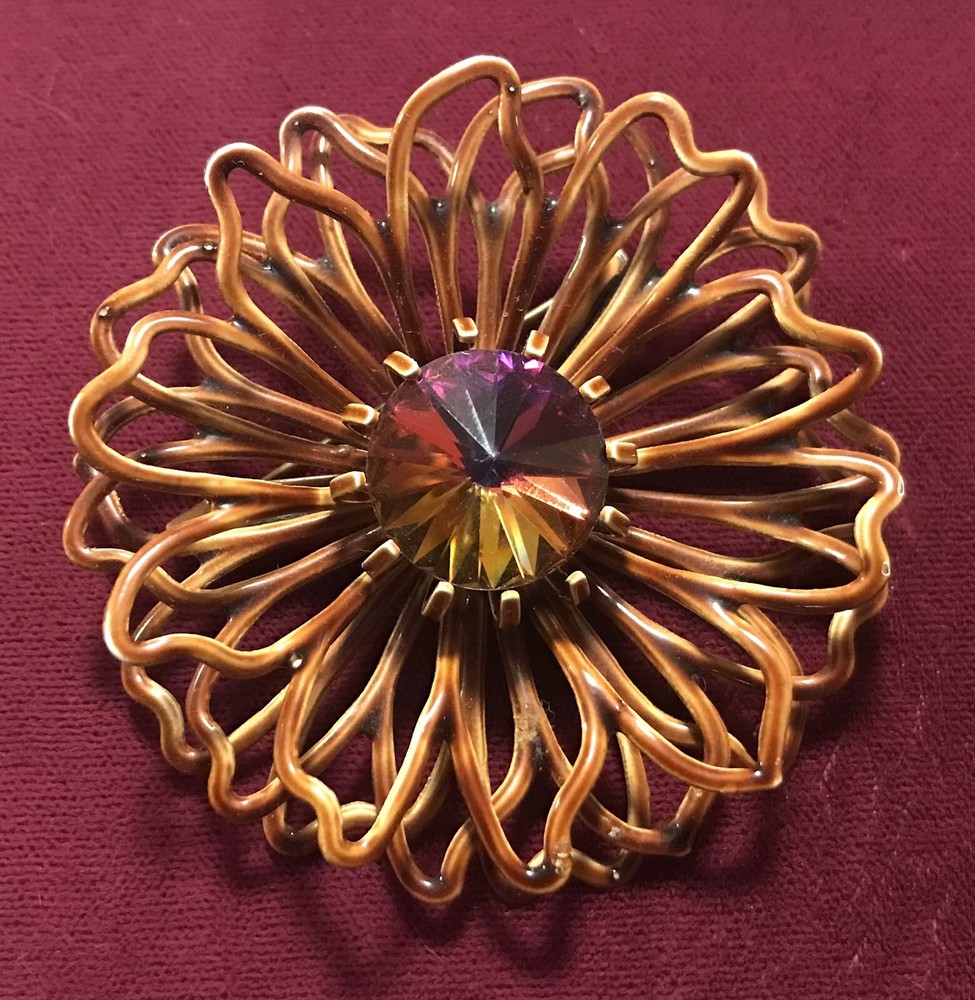 Vintage Rivoli Rhinestone & Enamel Flower Brooch Pin