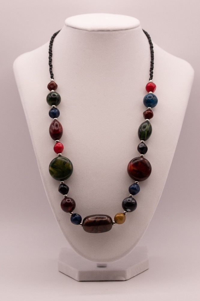 Vintage Boho Multicolor Chunky Beaded Statement Necklace Acrylic Resin Swirl