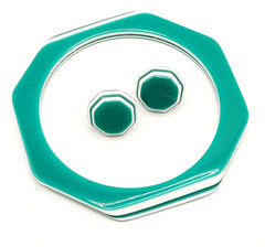 Green w White Stripe Octagon Shape Vintage Pierced Earrings Bangle Bracelet Set