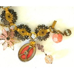 VTG Assemblage Charm Bracelet Pink Floral OOAK Upcycled Statement Jewelry 7.5″