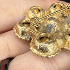 Vintage Rhinestone Brooch Gold Tone Orange Rhinestone Flower READ