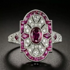 Art Deco Style 3CT Oval Cut Ruby & Lab Created Diamond Wedding 925 Silver Ring