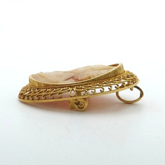 Victorian 18k Gold Carved Shell Cameo Pendant Brooch Pin Left Facing Woman Italy