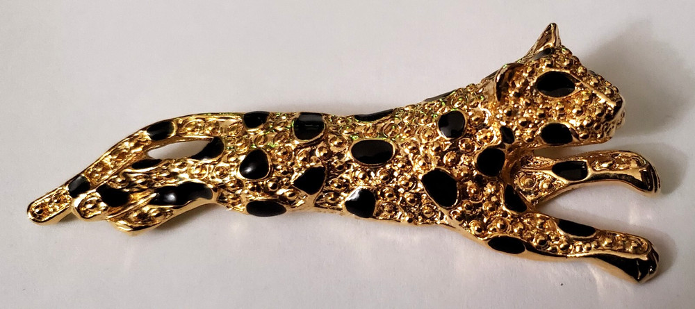 Panther/Jaguar Pin, Gold and Black Enamel, 3 1/4″ Vintage 1980s