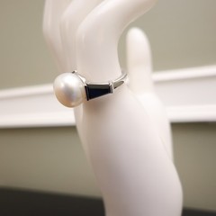 Art Deco ring QVC white pearl black crystals 925 sterling silver signet Size 5