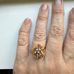 Vintage Brutalist Ring 14k Yellow Gold Diamond Chip Estate Abstract Band Size 8