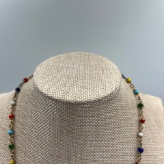 Vintage Multicolor Glass Bead Chain Station Necklace Gold Tone 22″ Minimalist