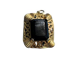 Vintage Edlee Pendant Dark Red Glass Ornate Open Scroll Gold Tone Rectangle