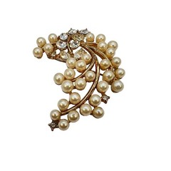Vintage Crown Trifari Brooch Rhinestone Faux Pearl Floral Spray Gold Trifarium 1