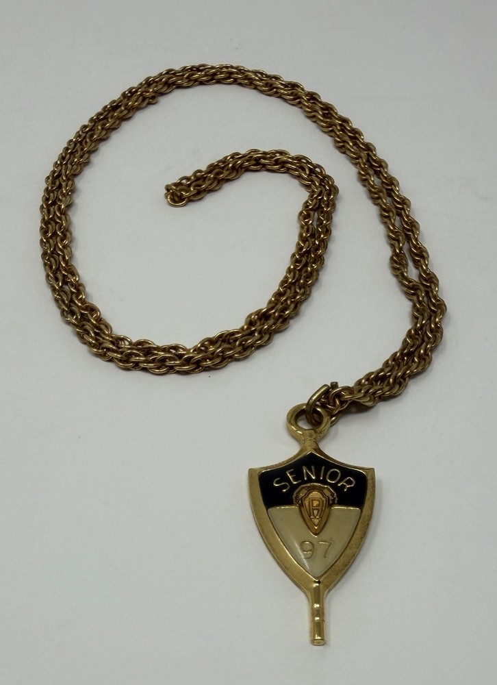 Vintage Jostens Pendant w/ Necklace- Shield/ Key Pendant- Gold Tone Chain- 1997