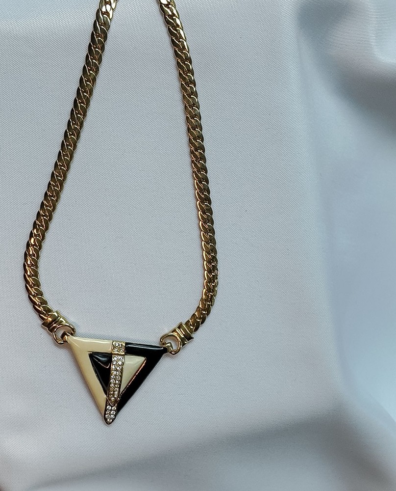 Vintage Gold Chain Necklace Black Cream Enamel Triangle Rhinestone Pendant Deco