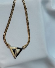 Vintage Gold Chain Necklace Black Cream Enamel Triangle Rhinestone Pendant Deco