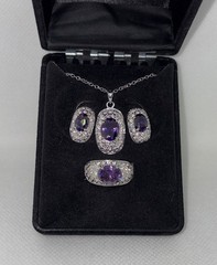 Vintage Parure Amethyst Colored & Clear Cubic Zirconia 4 Piece Jewelry Set NIB