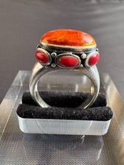 925 Sterling Silver Coral and Jasper Ring Handcrafted Ring Size 6.75 US
