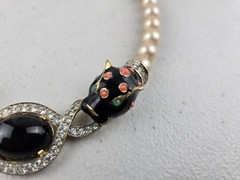 Signed Vintage Joseph Mazer JOMAZ Panther Strand Faux Pearl Beaded Necklace RARE