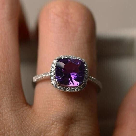 1.20Ct Cushion Cut Lab-Created Amethyst Engagement Ring 14K White Gold Plated