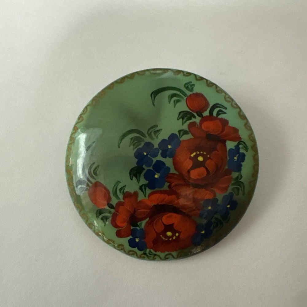 Vintage Beautiful Russian Lacquer Pin Brooch Signed Gold Tone Design On Edges 2”